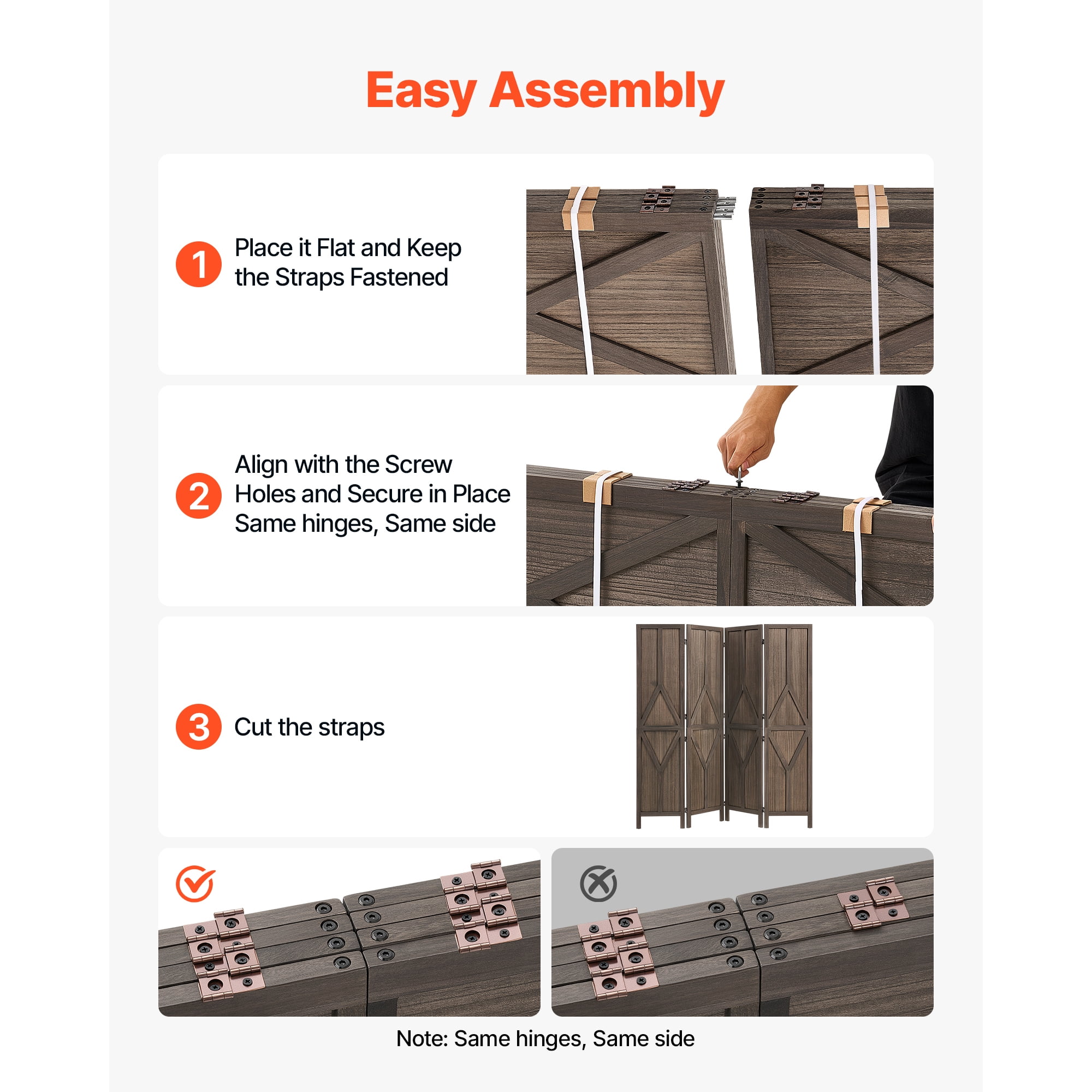KFFKFF 4-Panel Wooden Room Divider with Y Pattern, Privacy Screen for Home Decor and Space Separation, 67-Inch Height, Sturdy Frame, Two-Way Hinges, Rustic Wooden Partition with Included Hardware