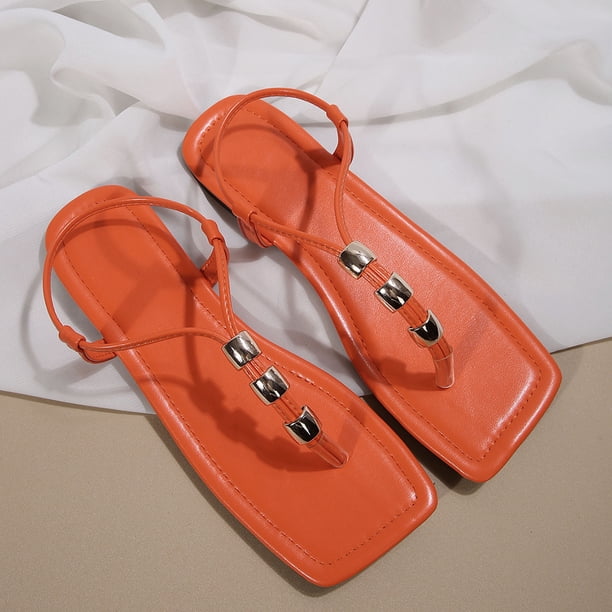 Xfvqtps Thong Sandals for Women Flat Open Square Toe Metal Bead