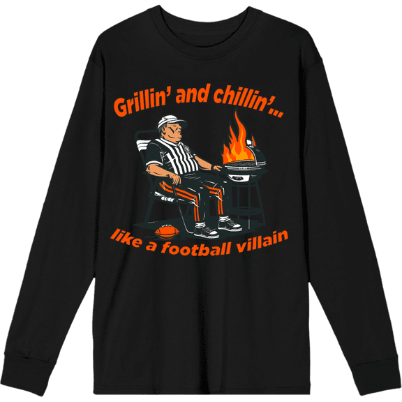 Grillin' and Chillin' Like A Football Villain Adult Black Crew Neck Long Sleeve Shirt-Medium