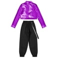 thumbnail image 4 of YEAHDOR Girls Hip Hop Dance 2Pcs Outfit Metallic Crop Top with Chain Pocket Pants Gym Yoga Suit Sportswear Purple 8, 4 of 5