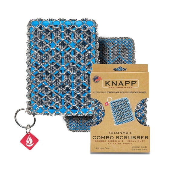 Knapp Made Combo Chainmail Cast Iron Scrubber with Silicone Core - Heavy Duty Rings and Fine Chainmail Rings -Premium Cast Iron Cleaner Chainmail Scrubber -Perfect for Cast Iron Cookware,Skillet,Woks