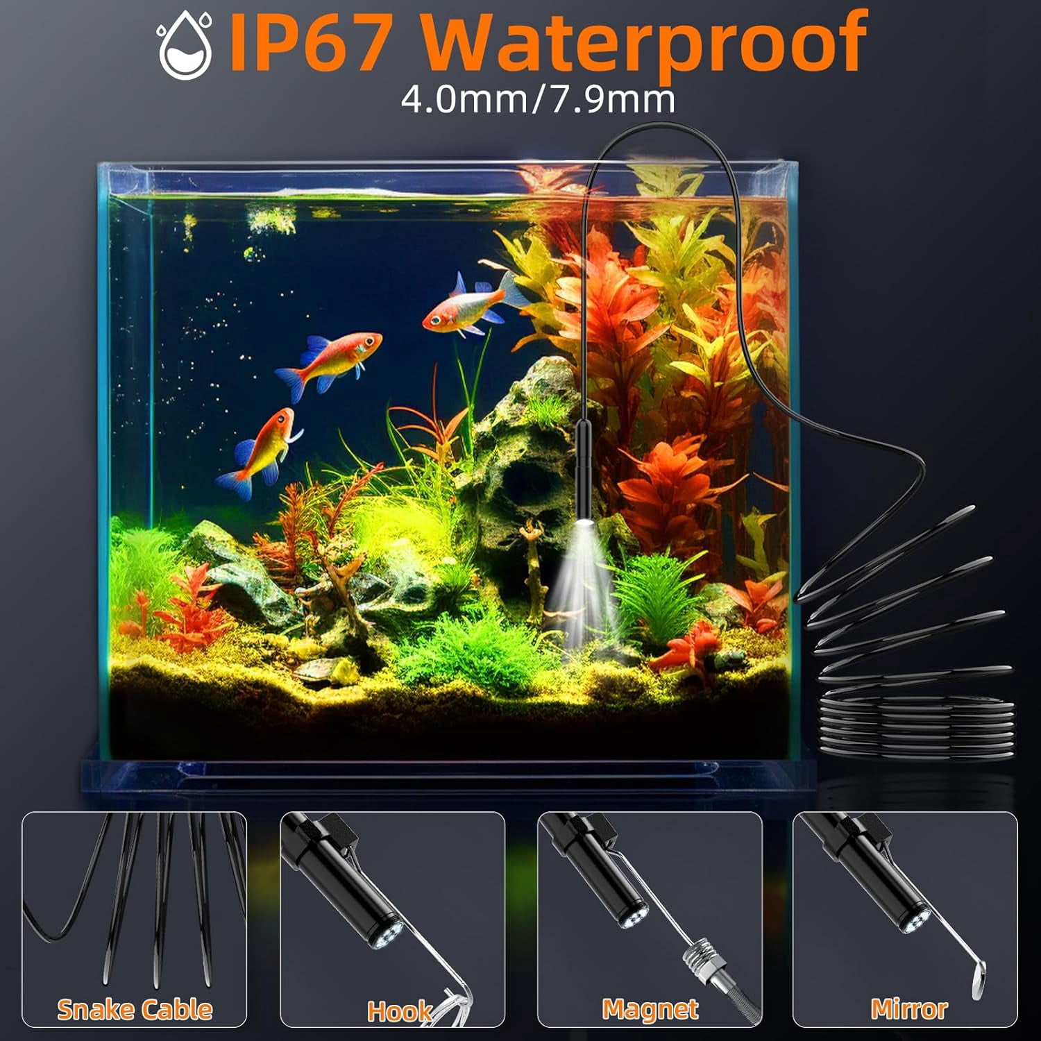 Endoscope Camera, 1920P HD Digital Borescope with 4.3" IPS Screen, No App No WiFi Endoscope with 8 Adjustable LED Lights, IP67 Semi-Rigid Cable Waterproof Drain Camera (16.4ft/5m)
