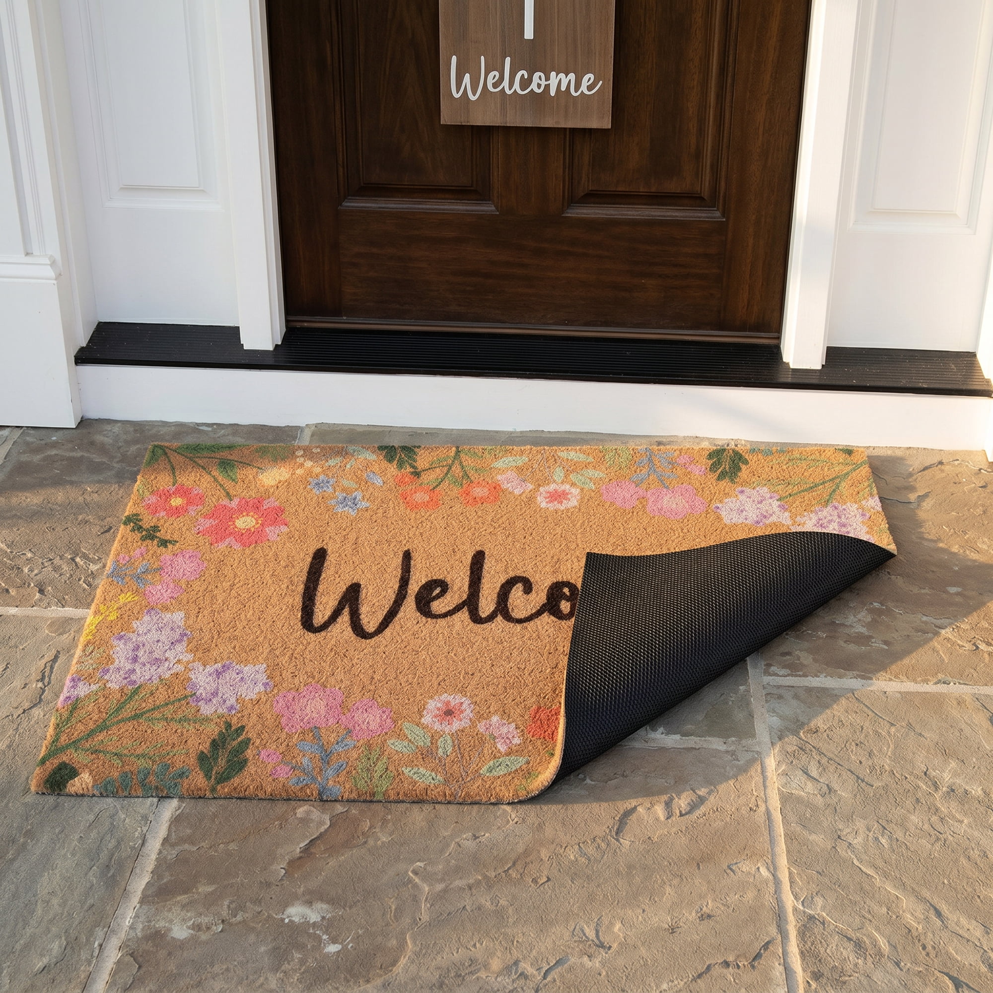 Unique Bargains Natural Coir Non-Slip Backing Waterproof Doormat Brown Flower 32" x 20"