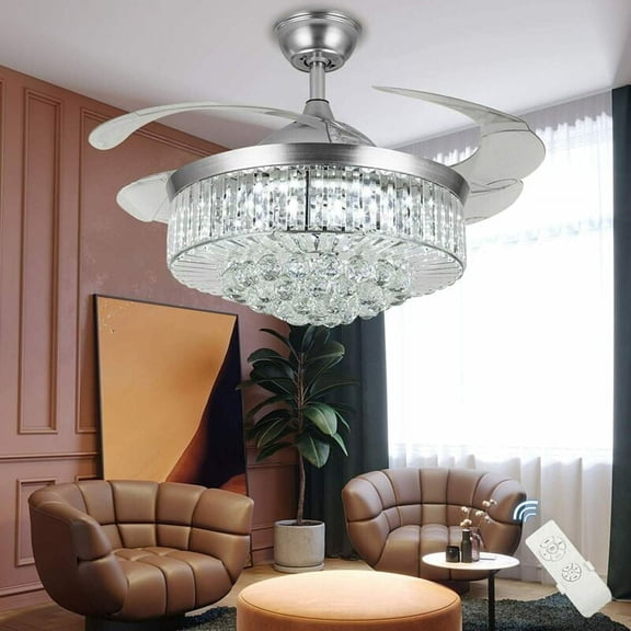 EAYSG 42" Chandelier Ceiling Fan Light, Modern Retractable Invisible Ceiling Fan Light Remote Control 4 Retractable ABS Blades
