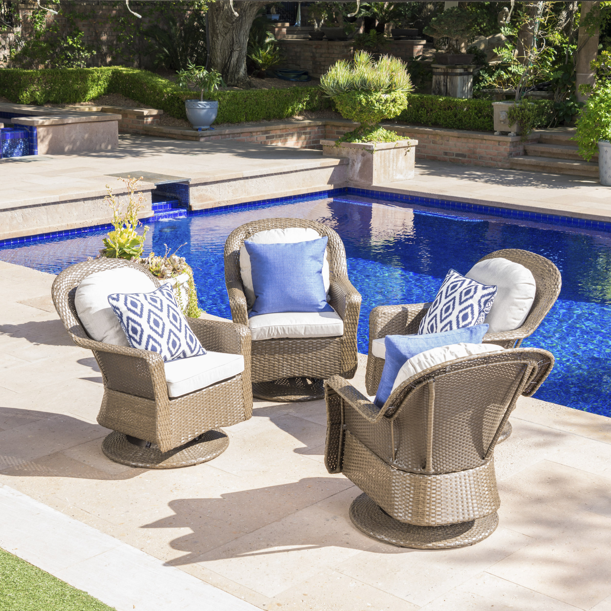 Lawrence Outdoor Wicker 4 Piece Swivel Club Chairs with Cushions