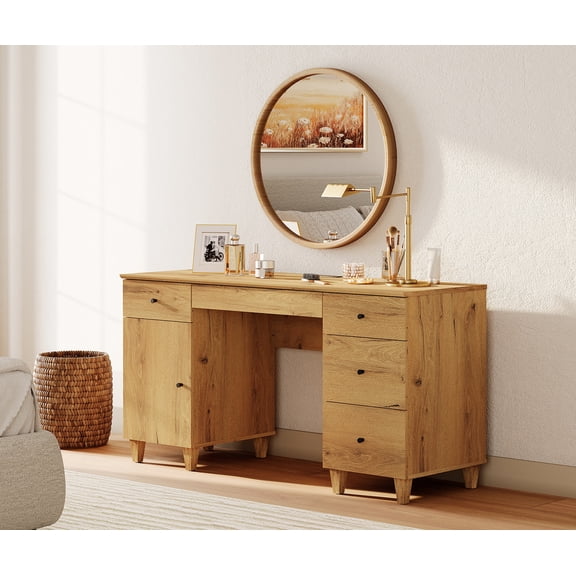 58" Wooden Vanity Desk with Drawers and Cabinet, Modern Makeup Charging Table with Storage for Bedroom, Oak Brown