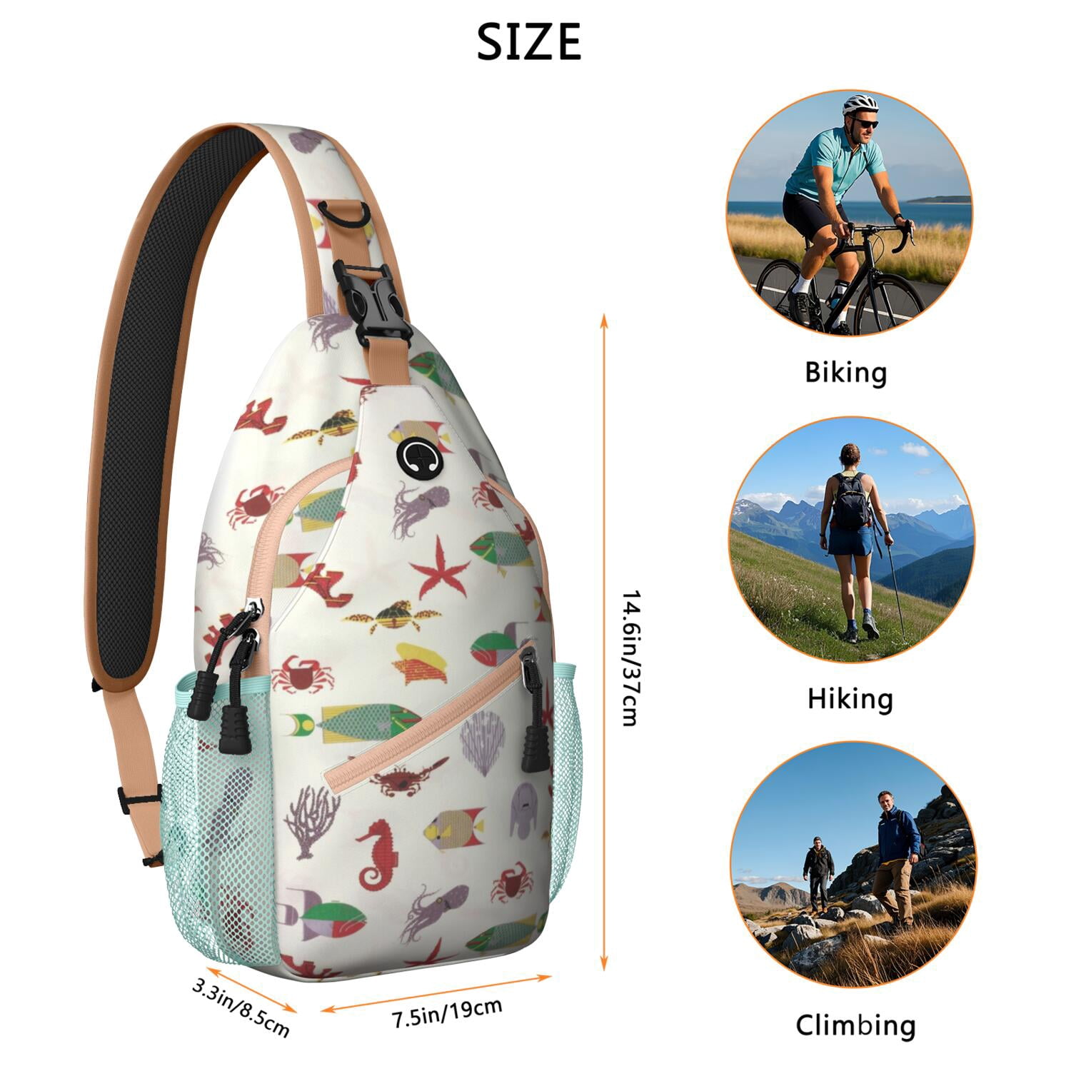 Marine Life Crossbody Bag - Ocean Themed Anti-Theft Shoulder Backpack for Travelers - Versatile Wear with Zipper Pockets for Summer Outdoor Activities