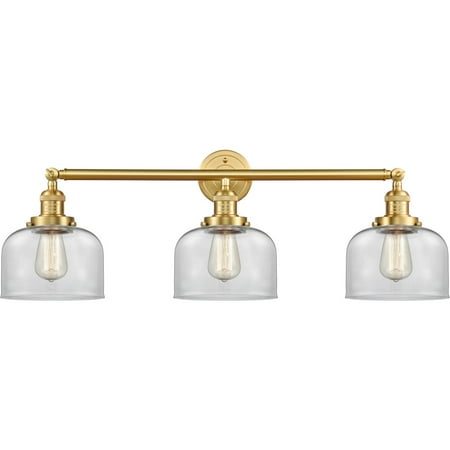 

Satin Gold Tone Bathroom Vanity 32 Wide Clear Glass Steel/Cast Brass/Glass Medium Base LED 3 Light Fixture