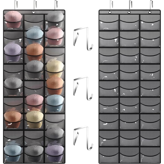Hat Organizer for Baseball Caps, 27 Pocket Over The Door Hat Rack for Storage Closet Wall, Cap Holder Hanger with Large Clear Pockets & 3 Hooks, Hat Storage to Protect and Display, Black