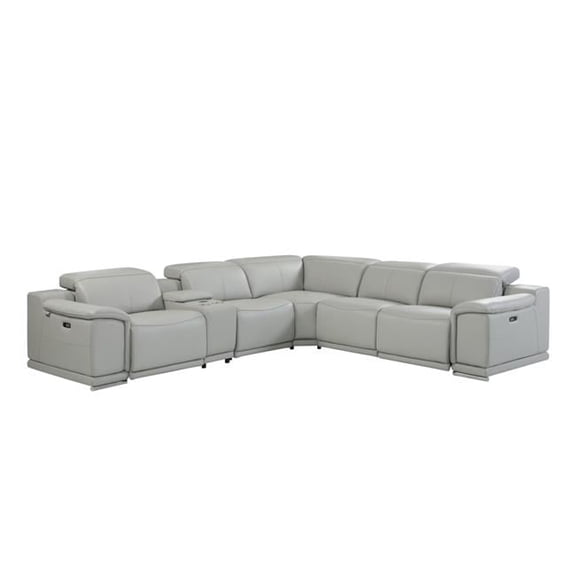 Light Gray Italian Leather Power Recline L Shape Six Piece Corner Sectional With Console