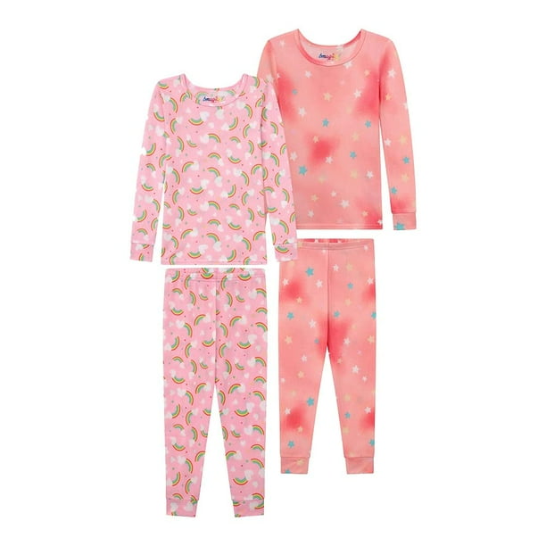 BTween 4Piece Girls Pajamas, Long Sleeve Tie Dyed Rainbow Girls