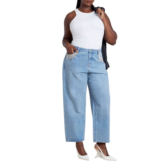 ELOQUII Women's Plus Size Relaxed Jean With Rhinestone Trim Pocket