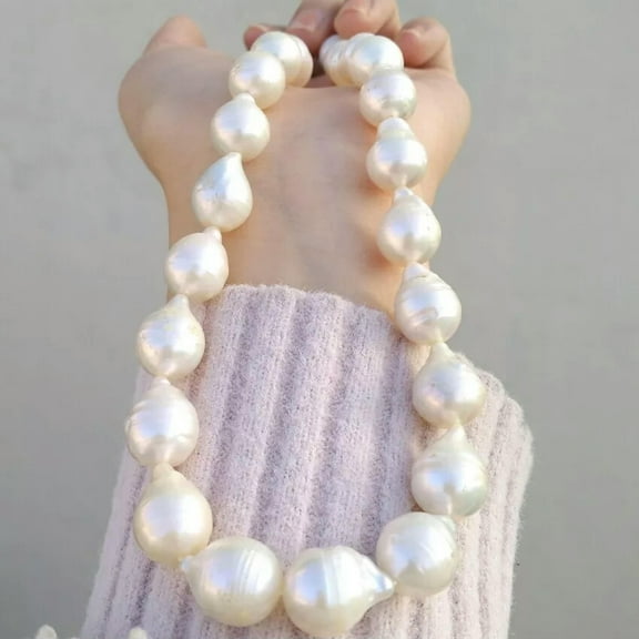EOEMY Rare Huge 12X15mm South Sea Baroque White Pearl Necklace 14K Gold Clasp