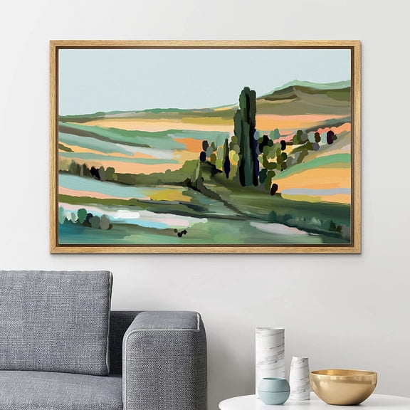 PixonSign Framed Canvas Print Wall Art Pastel Countryside Valley Landscape Nature Wilderness Illustrations Modern Art Decorative Minimal Rustic for Living Room, Bedroom, Office - 16"x24" Natural
