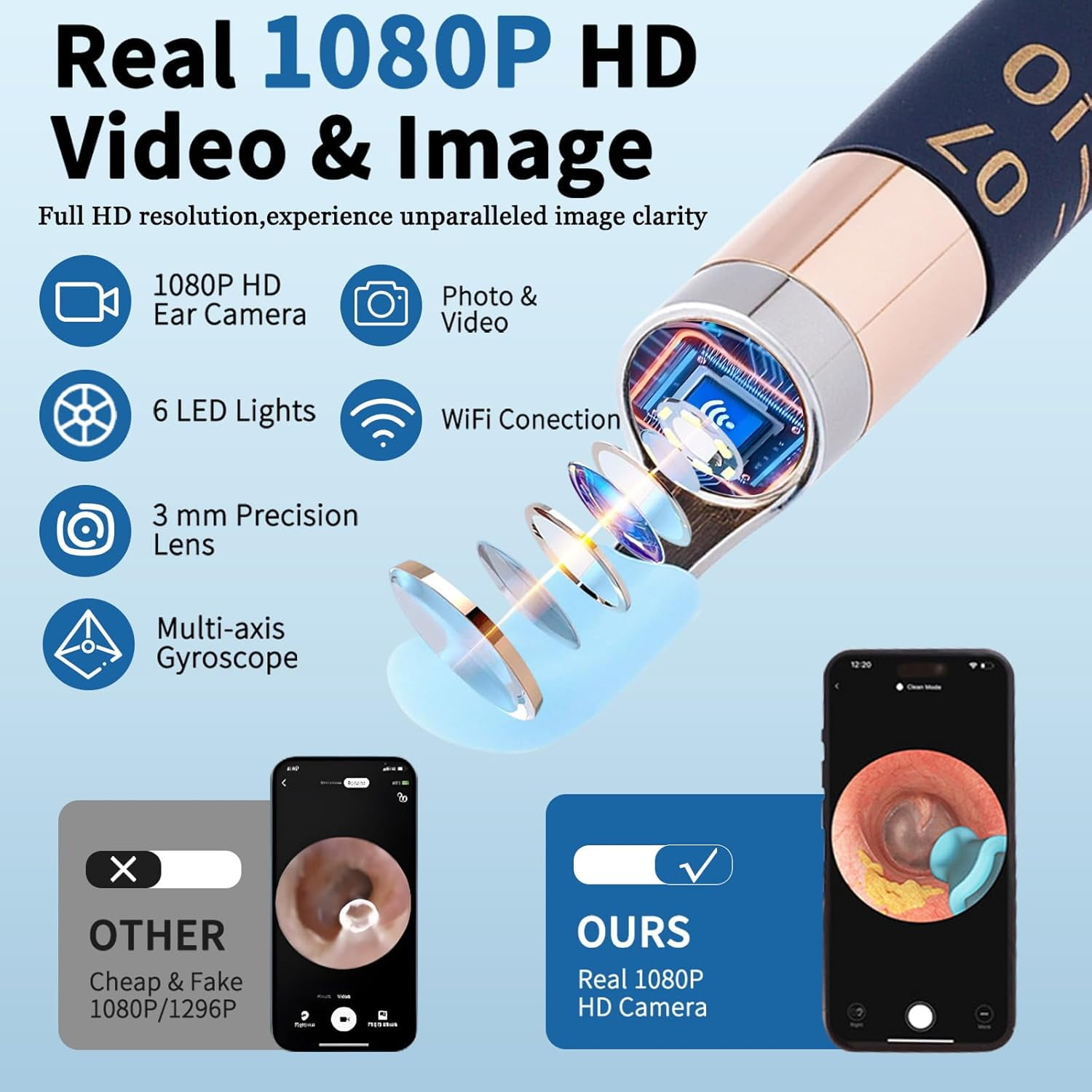 Ear Wax Removal Tool Camera with Wireless WiFi,Ear Wax Removal Tool with Flexible Visual 1080P Light Otoscope,Ear Cleaner with Painless Tweezers/Spade/Spoon/Pick,Ear Wax Removal Kit for Family