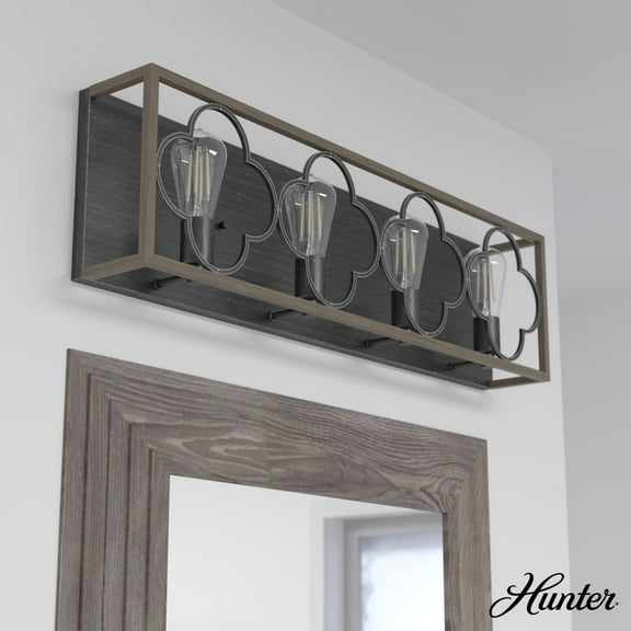 Hunter - Gablecrest 4-light French Oak, Medium Size Vanity Light, Dimmable, Transitional Style, for Bedrooms, Dining, Living Rooms - 19398