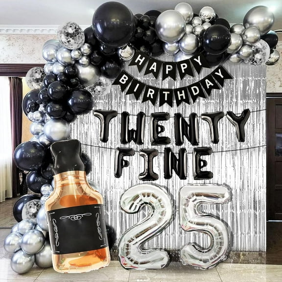 25th Birthday Party Balloon Decoration Set - Black, Silver, and Gold Balloons with Number 25 and Raindrop Curtain Decoration Set
