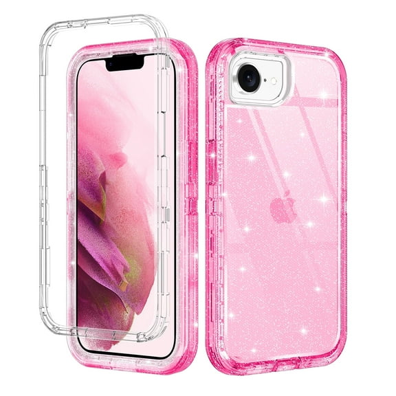 Petocase for iPhone 16E Clear Case,Heavy Duty Drop Protection Slim Rugged Shockproof/Dust Proof 3-Layer Military Protective Tough Durable Cover for iPhone 16E 2025,,Glitter Pink