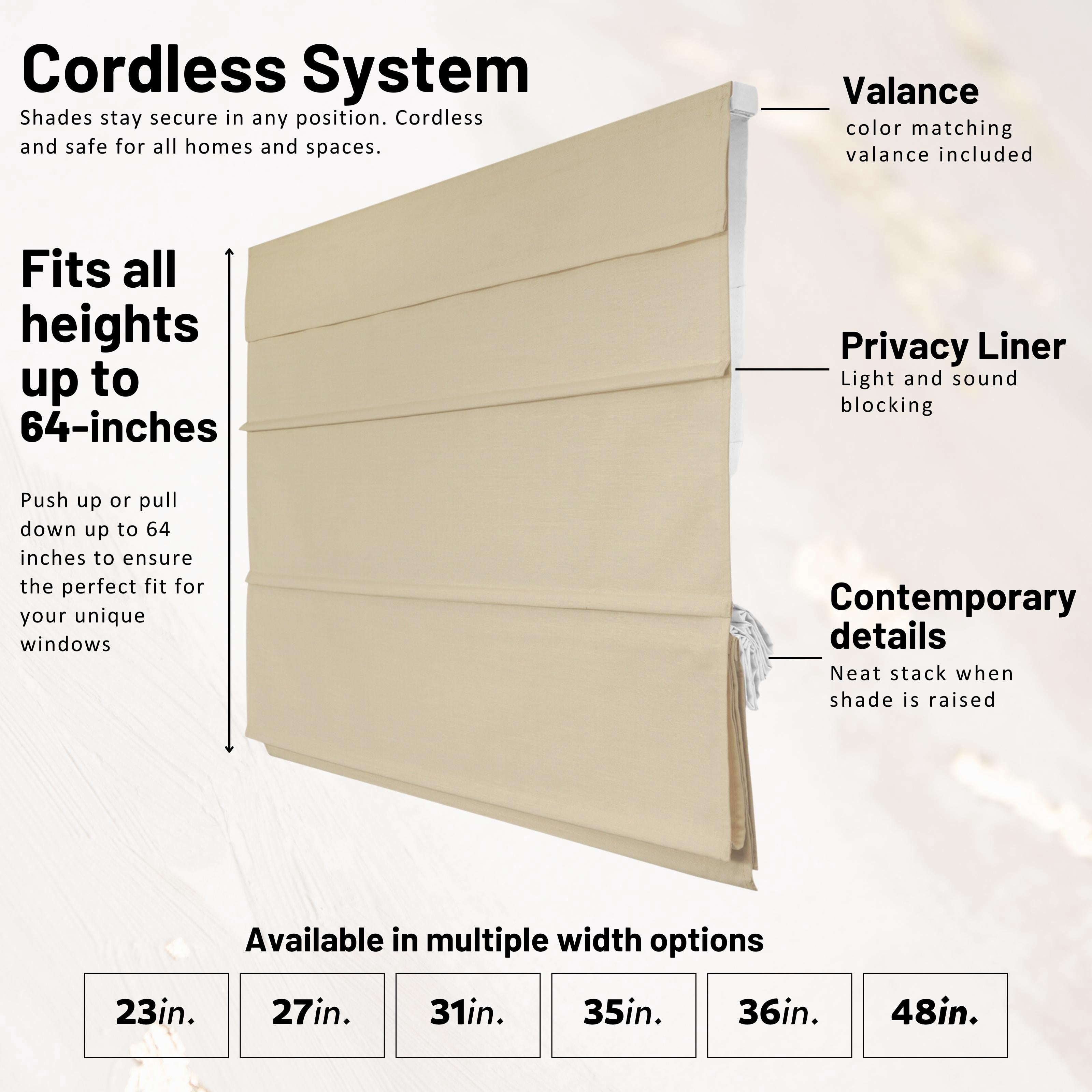 Chicology Cordless Roman Shades, Ivory (Blackout), 35"W X 64"H