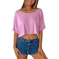 thumbnail image 6 of AKOEE Crop Tops for Women Loose Casual Off Shoulder Wide Boatneck Short Sleeve Summer Cute Tee Shirts (S, Pink), 6 of 6