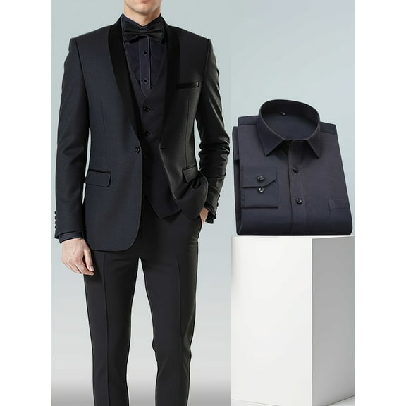 Men All Season Solid Color 4pcs Suit Set with Shawl Collar, Single Button, Flap Pockets, Navy Shirt, Jacket, Vest & Trousers for Year Round Formal Occasions