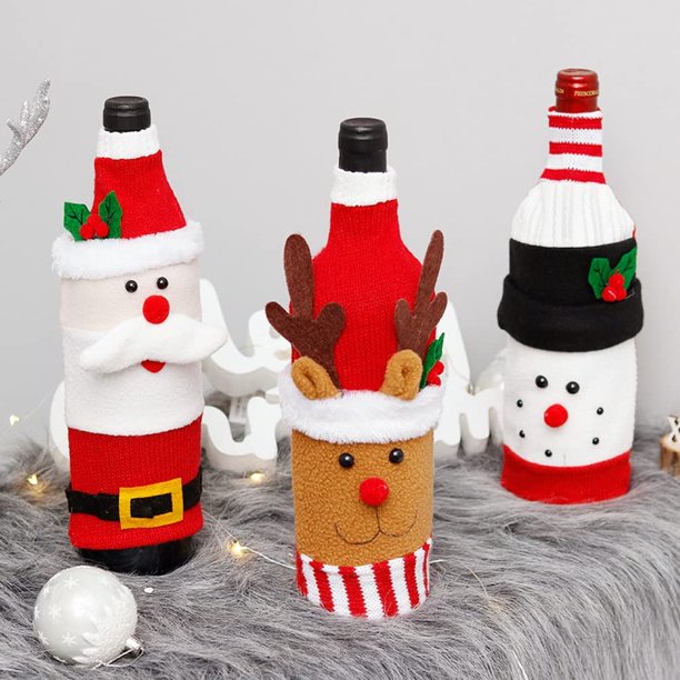 ZHAOCHENG Piezas Funda para Botella de Vino de Navidad, Suéter Funda para Botella de Vino Bolsas Funda para Botella de Vino de Vacaciones Linda Funda para Botella de Vino de Papá Noel Reno Muñeco de N