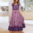 thumbnail image 4 of Wycnly Summer Dresses for Women Fashion Elastic Waist Button Pleated Swing Beach Bohemian Maxi Dresses 2025 Short Sleeve V-Neck Floral Print Long Formal Dress Purple l, 4 of 7