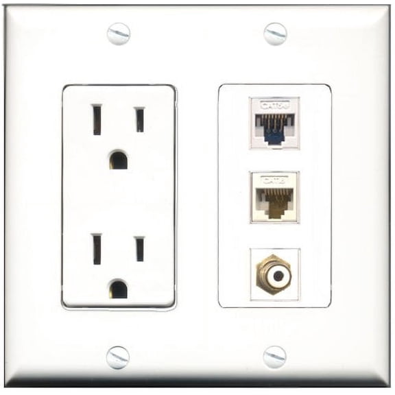RiteAV - 15 Amp Power Outlet 1 Port RCA White 1 Port Cat5e Ethernet White 1 Port Cat6 Ethernet Ethernet White Decorative Wall Plate