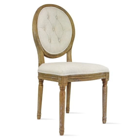 2xhome - French Chic Vintage Style Dining Side Chair With Upholstered Linen Welted Fabric And Elegant Natural Rustic Wood Frame - Tufted Button Oval Back, Set of 1, 1 piece