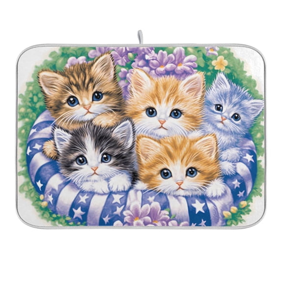 Cats and Wreath Dish Drying Mat 16x18 Absorbent Microfiber Draining Rack Pad for Kitchen Counter Sink