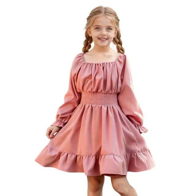 HXWCHs Robe Rayée Élégante d'Été pour Filles, Longue Robe Évasée en Ligne A avec Encolure Carrée, Manches Volantées et Ourlet à Volants pour Tenue de Fête, Rouge, 3-4 Ans