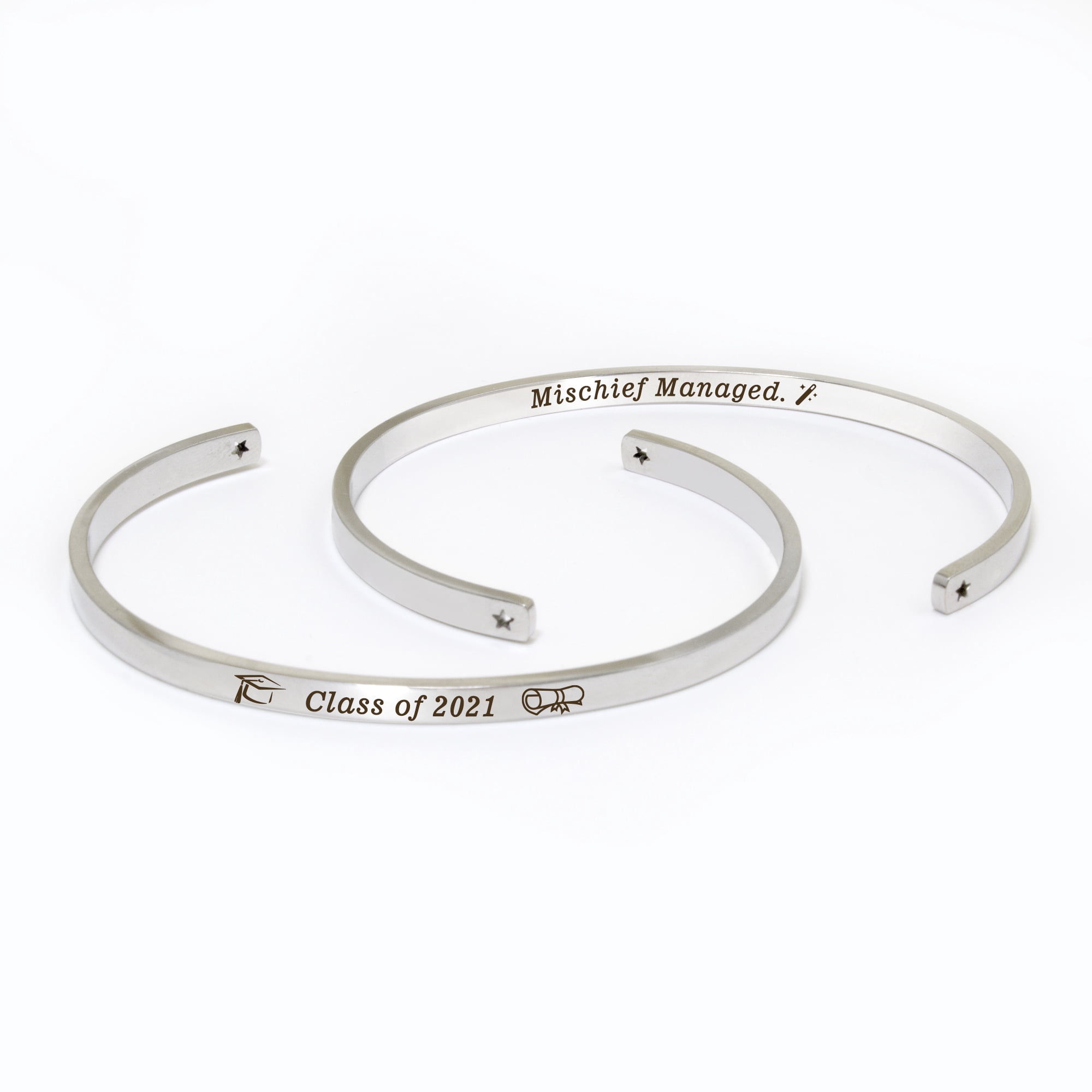 "Mischief Managed" Silver Stainless Steel Graduation Theme Hidden Message Gift for Her Cuff Bracelet with Gift Set