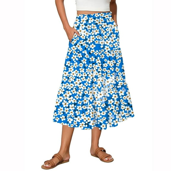 Women's Flowy Flared Ruffle Hem A-Line Maxi Skirts with Elastic Waist, Elegant Tiered Layer Boho Long Skirts, Floral Print for Summer,Blue,Size L