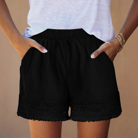PNTUTB Women's Summer Shorts,Solid-Color Breathable Lace-Trimmed Casual Stretch Waistband Loose Comfortable Shorts with Pockets