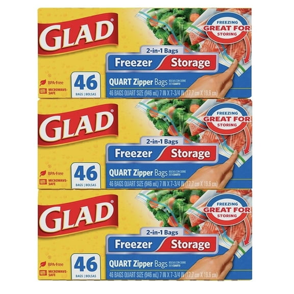 Glad Food Storage and Freezer 2 in 1 Zipper Bags - Quart Size - 46 Count Each (Pack of 3) (Package May Vary), Gray