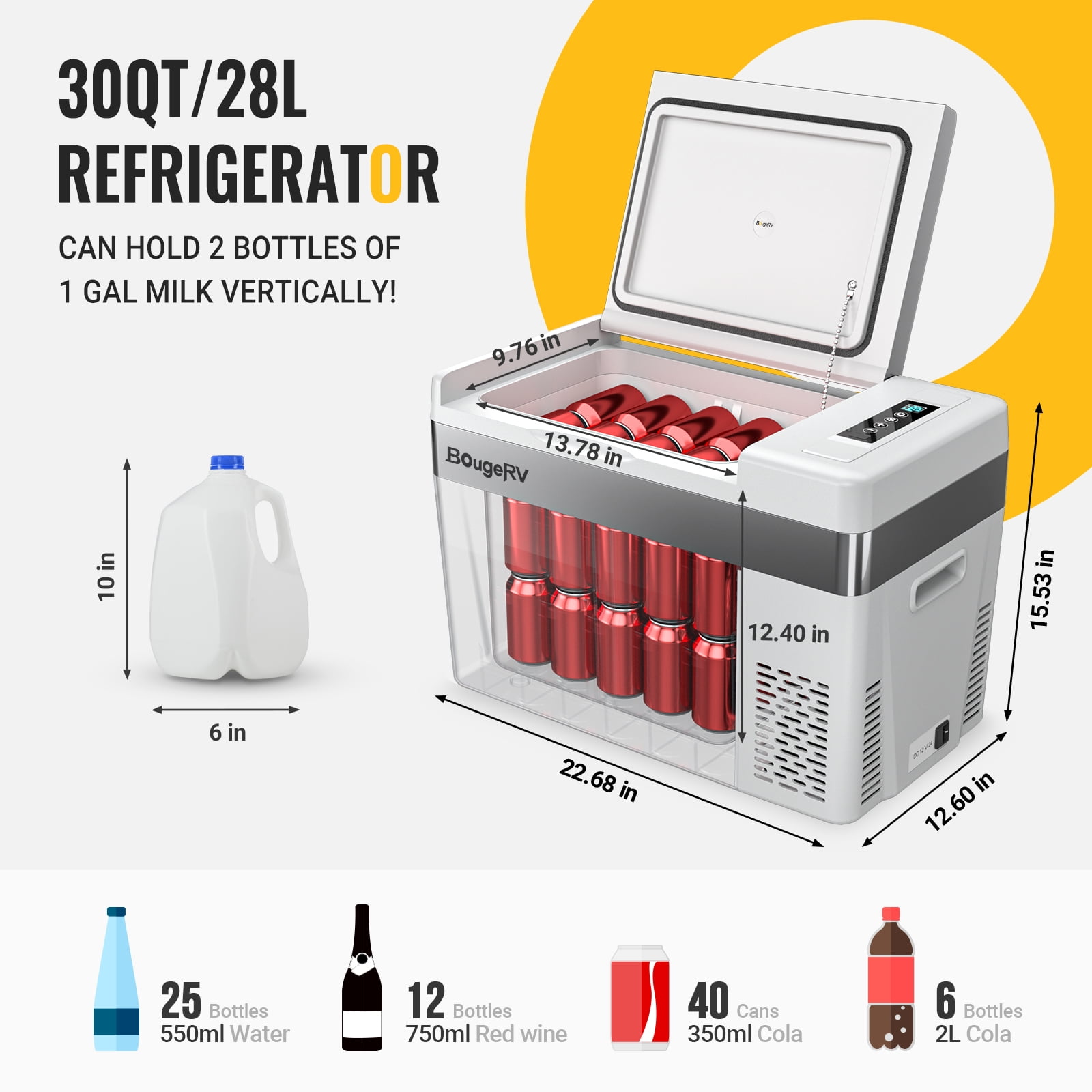 BougeRV Portable Car Refrigerator 30 Qt, 12 Volt Refrigerator Portable Freezer Compressor Cooler with -7℉~50℉ Cooling Range, 12/24V DC 110~240V AC for RV Truck Vehicle Boat Outdoor Use Gray