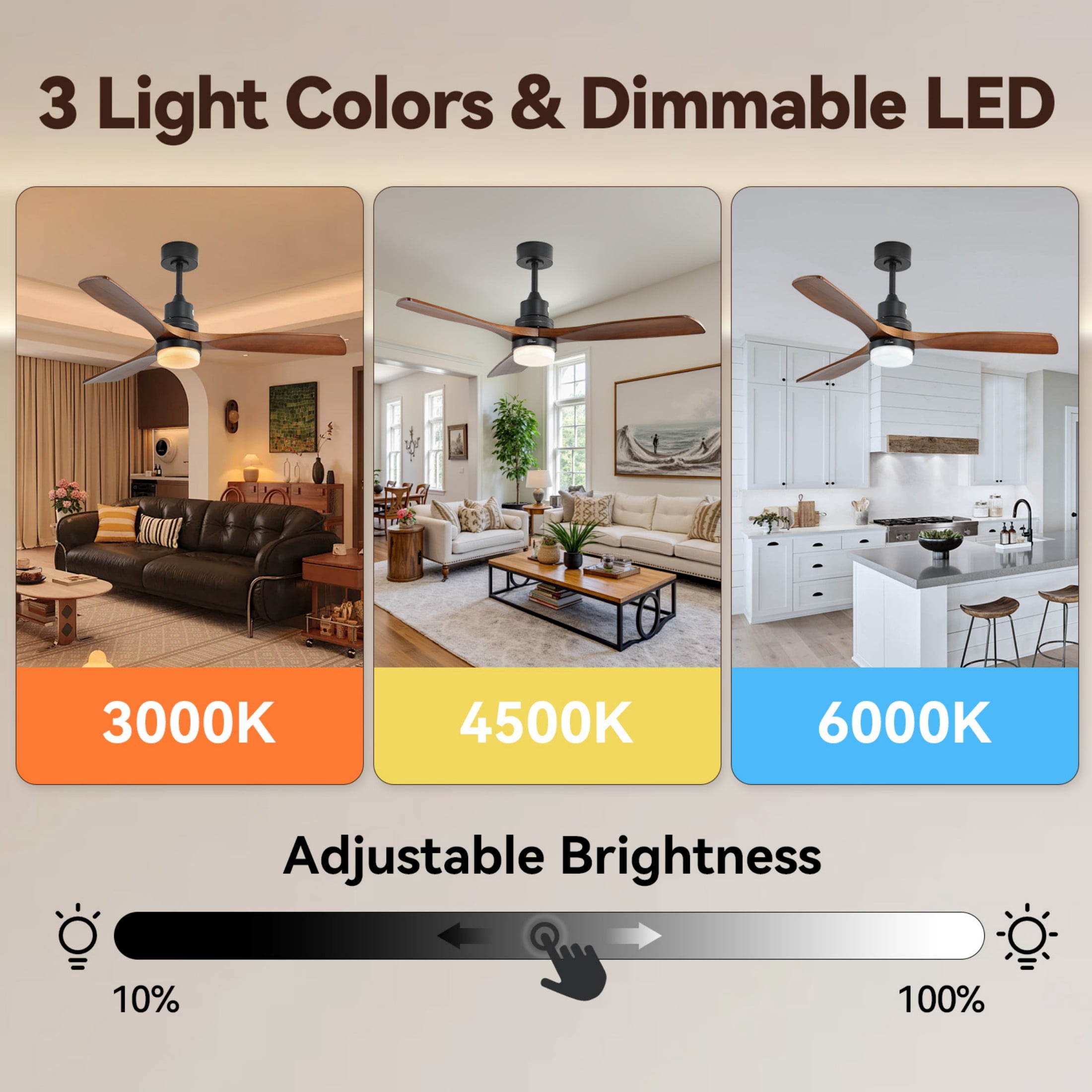 Sofucor 52 Inch Brown Black Modern Outdoor Indoor Farmhouse 3-Blade Ceiling Fan with Lights and Remote