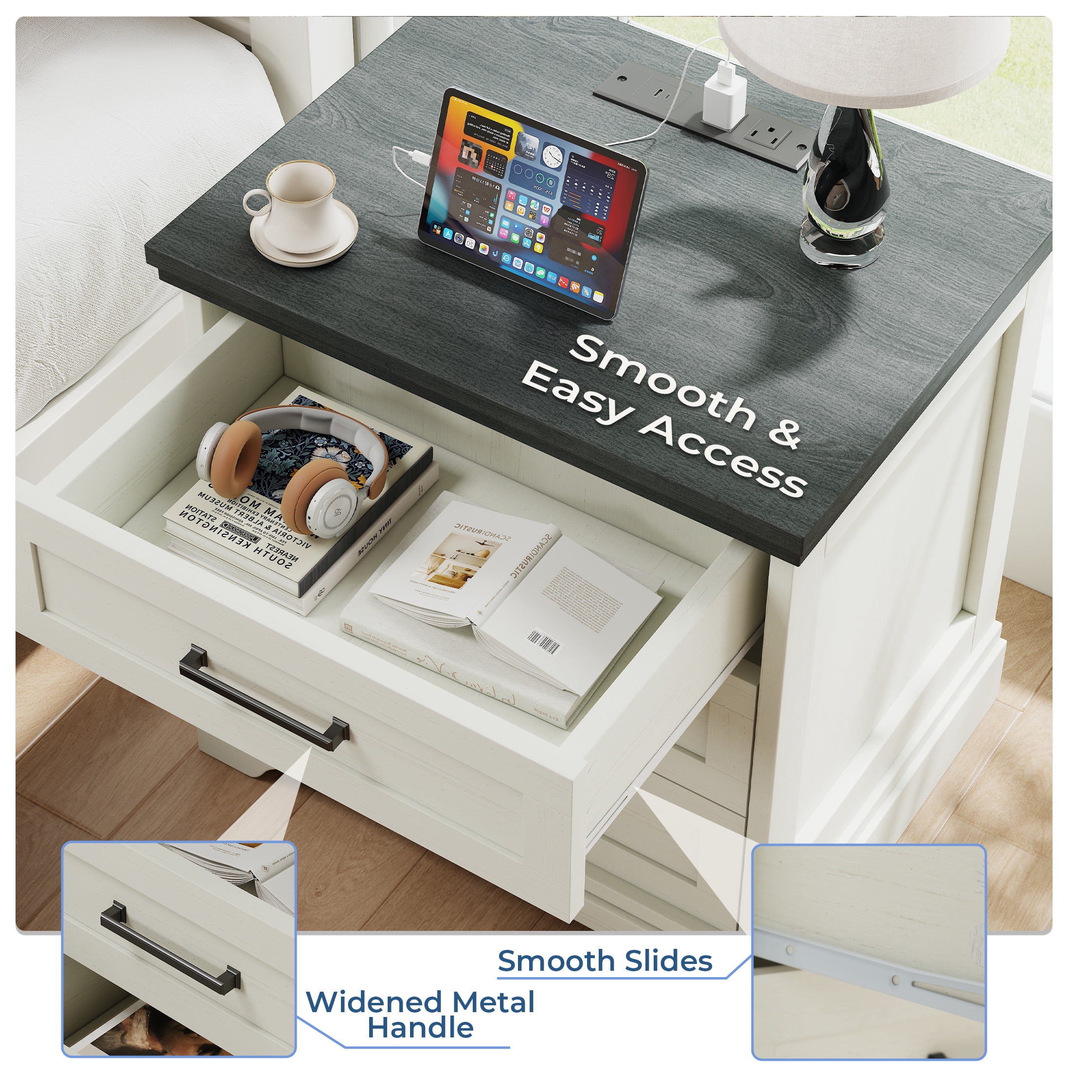 EDX 3 Drawers 24" Wood Nightstand with Drawers and Charging Station, Bedside Table for Bedroom or Living Room, White