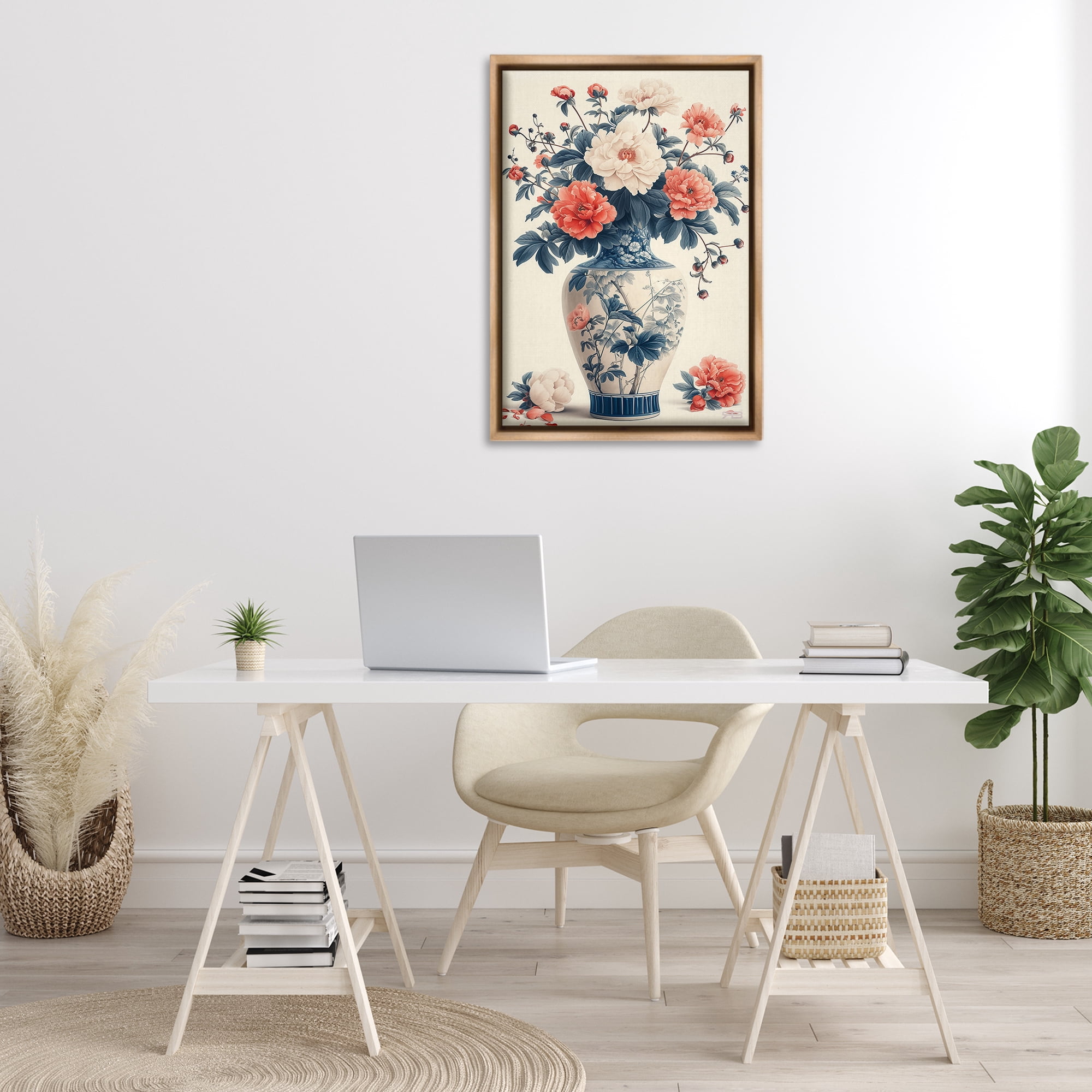 Stupell Industries Vintage Eastern Vase Botanical & Floral Painting Brown Floater Framed Art Print Wall Art, 21 x 31