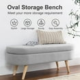 thumbnail image 3 of Oval Storage Ottoman Bench, 43.5 Inches Linen Fabric Upholstered Entryway Bench with Safety Hinge and Solid Wood Legs, Flip Top Ottoman Stool Footrest for Living Room/Bedroom/End of Bed, Grey, 3 of 7