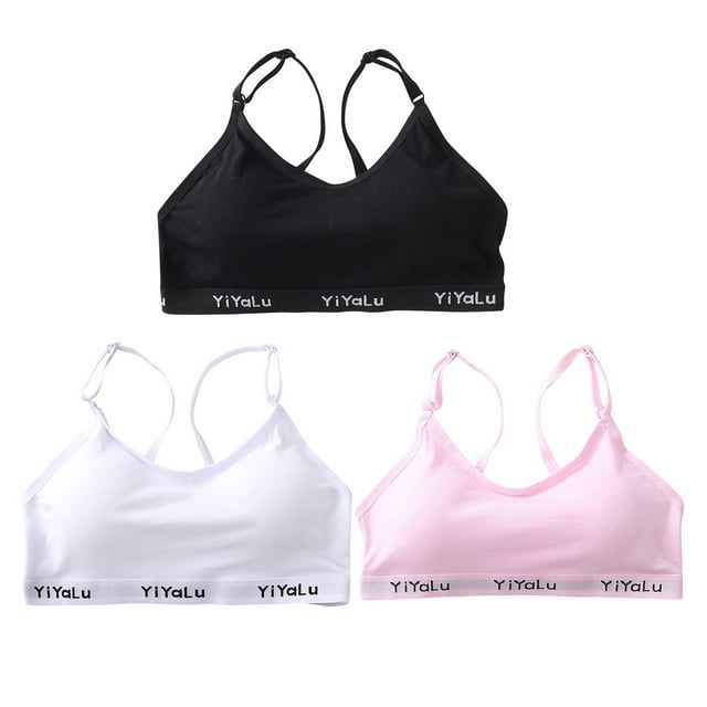 Girls Solid Color Racerback Letter Print Sport Training Bra Underwear 3 Pack