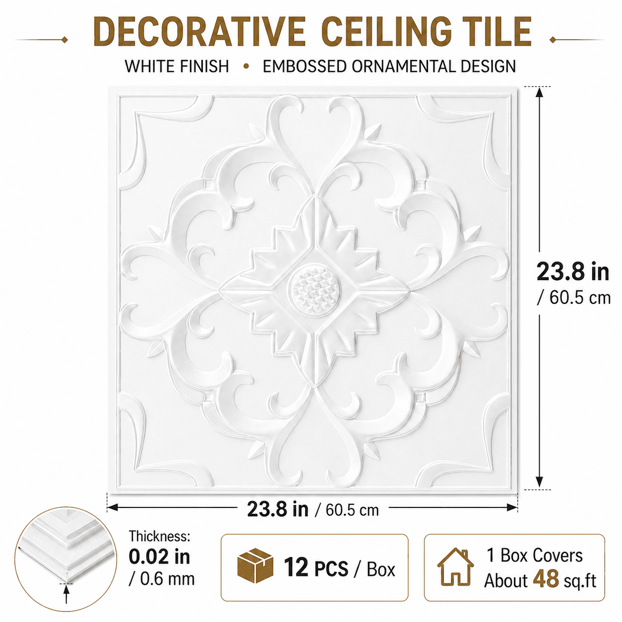 YESLIFE 12-Pack 2' x 2' White PVC Ceiling Tiles, 3D Embossed Waterproof Drop Ceiling Panels, Glue-Up Wall & Ceiling Tiles, 48 Sq. Ft.
