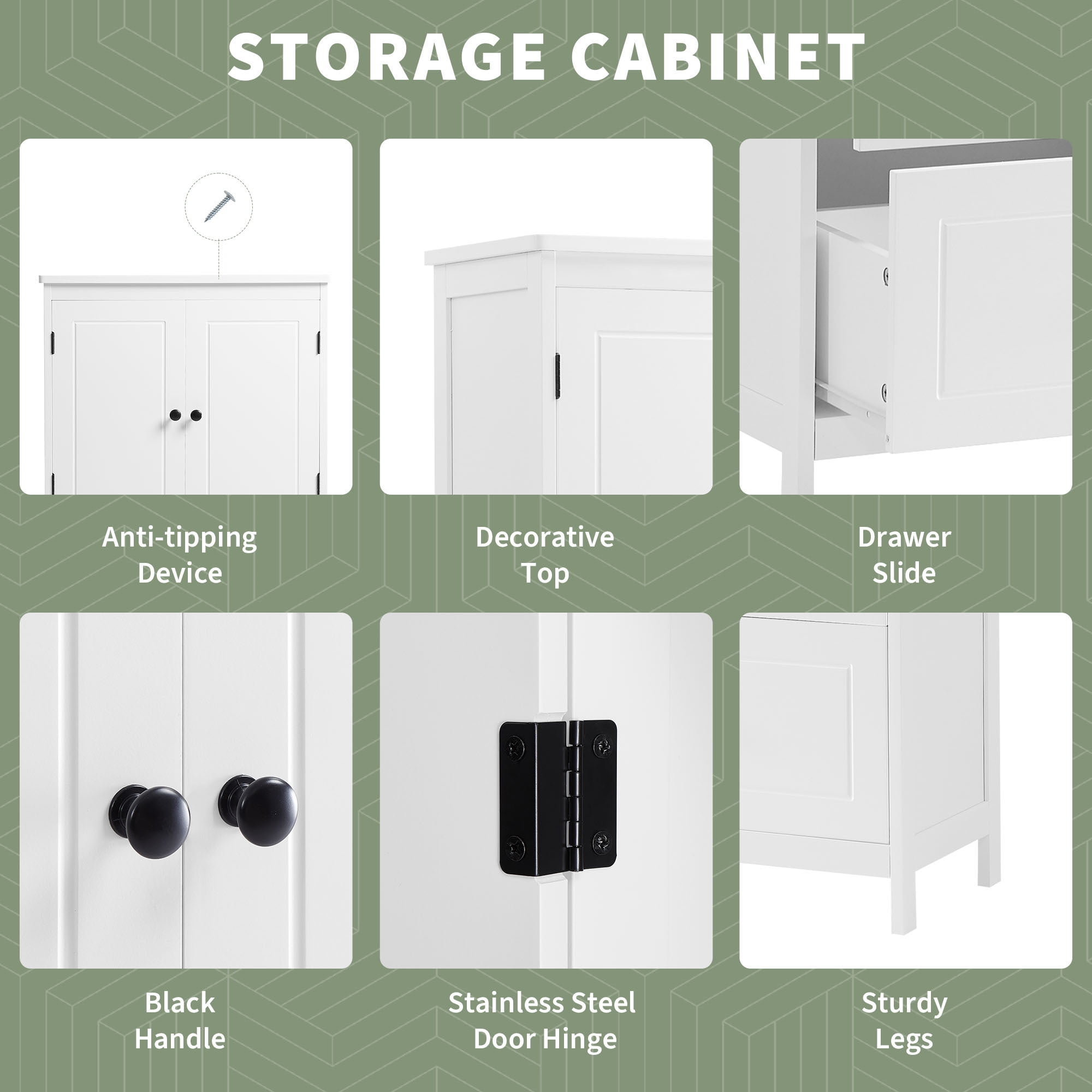 EUROCO Bathroom Floor Storage Cabinet,Bathroom Storage Unit,Freestanding Cabinet with 2 Drawers and 2 Doors,Adjustable Shelf,11.8 x 23.6 x 43.3 Inches,White