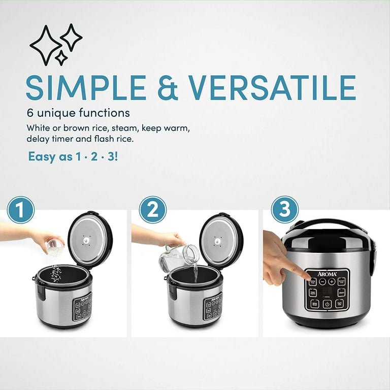 AROMA Cool-Touch Rice Grain Cooker and Food Steamer Stainless Silver 8-Cup  (Cooked) / 2Qt. 