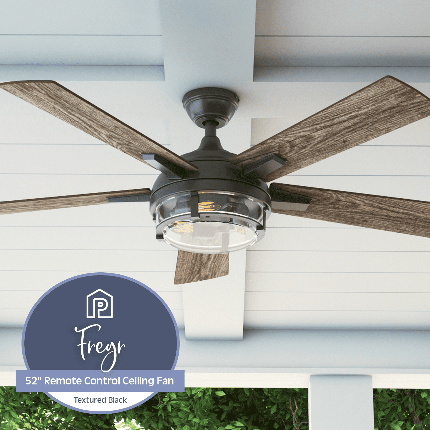 Prominence Home 52" Freyr Heavy Textured Black Remote Control Ceiling Fan, Damp-Rated, Outdoor, 5 Blades