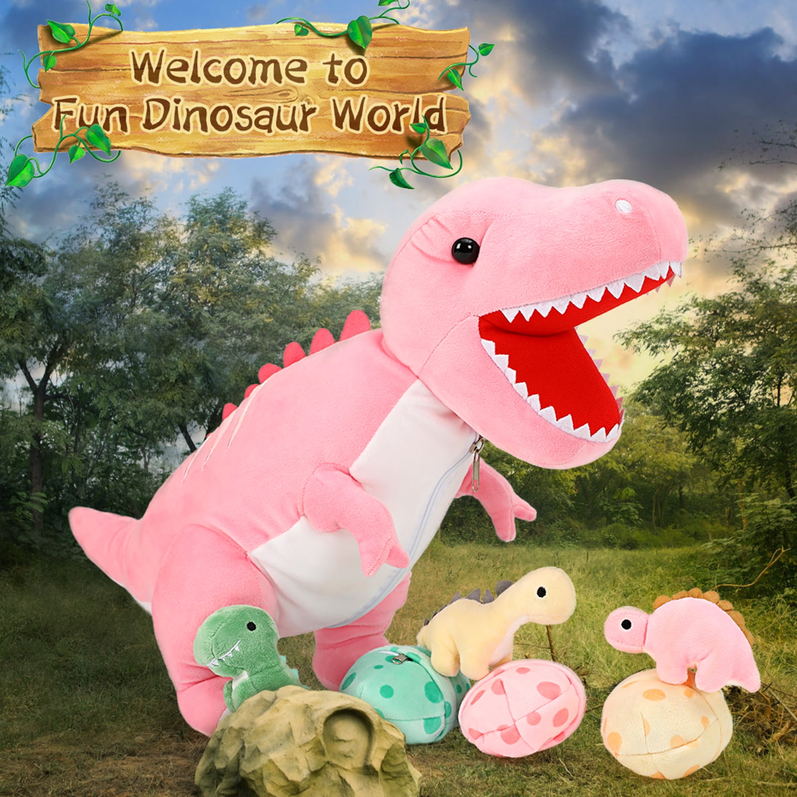 MorisMos 23.6" Stuffed Dinosaur Toy Mommy Dinosaur Plush with 3 Baby Stuffed Dinosaur Toys
