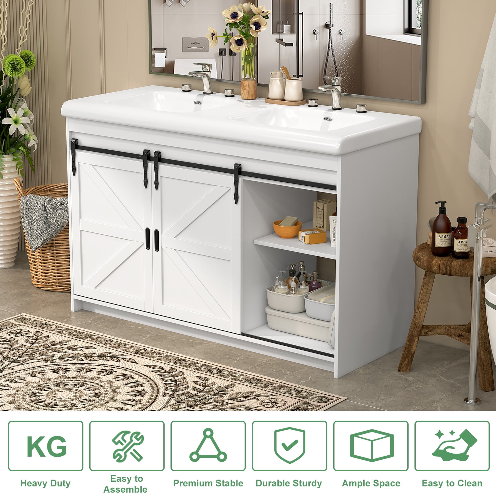 Jarbalai 47" Freestanding Bathroom Vanity with Double Ceramic Basin and Sliding Doors, White
