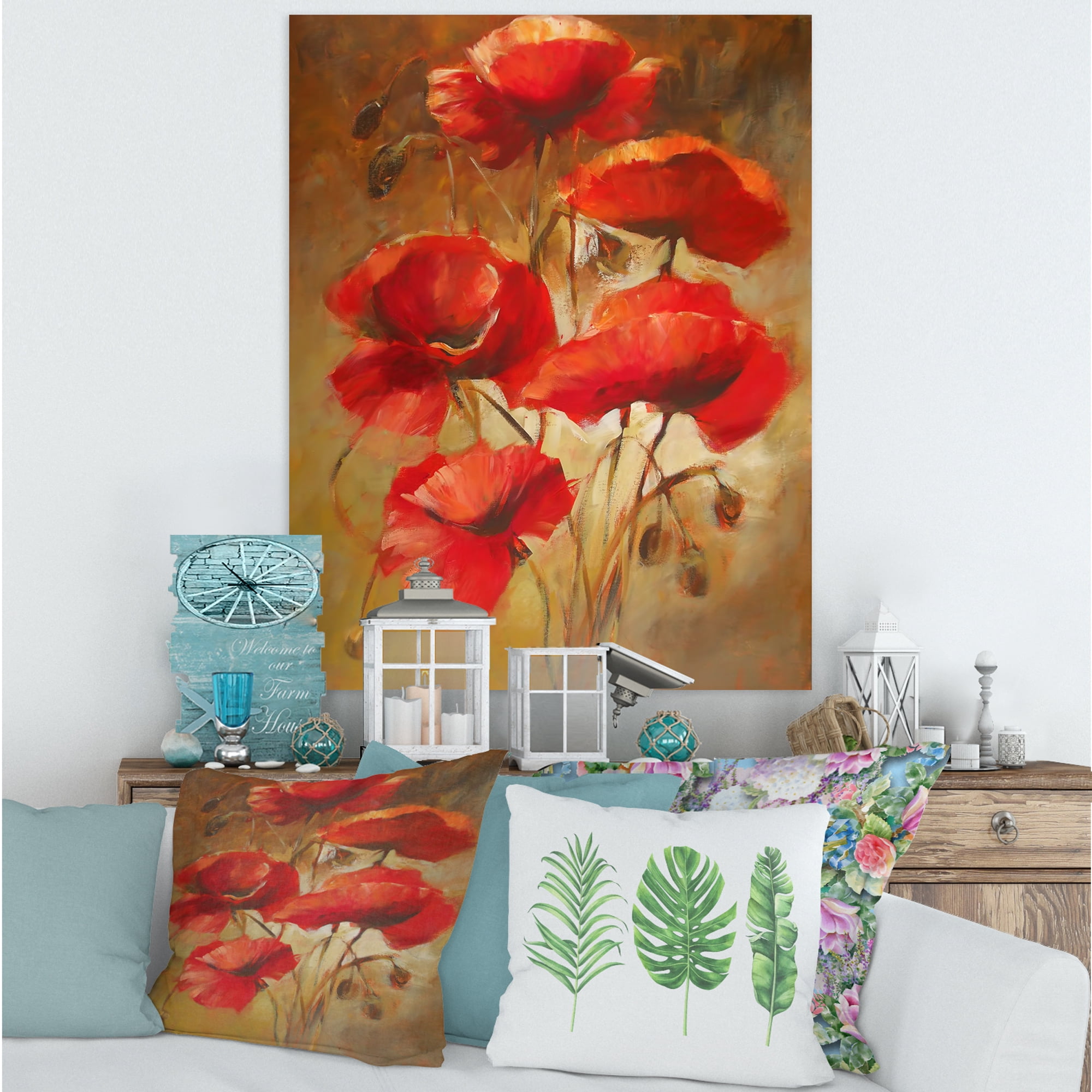Designart ' Red Blossoming Poppies Over Wild Brown I ' Traditional Canvas Wall Art Print