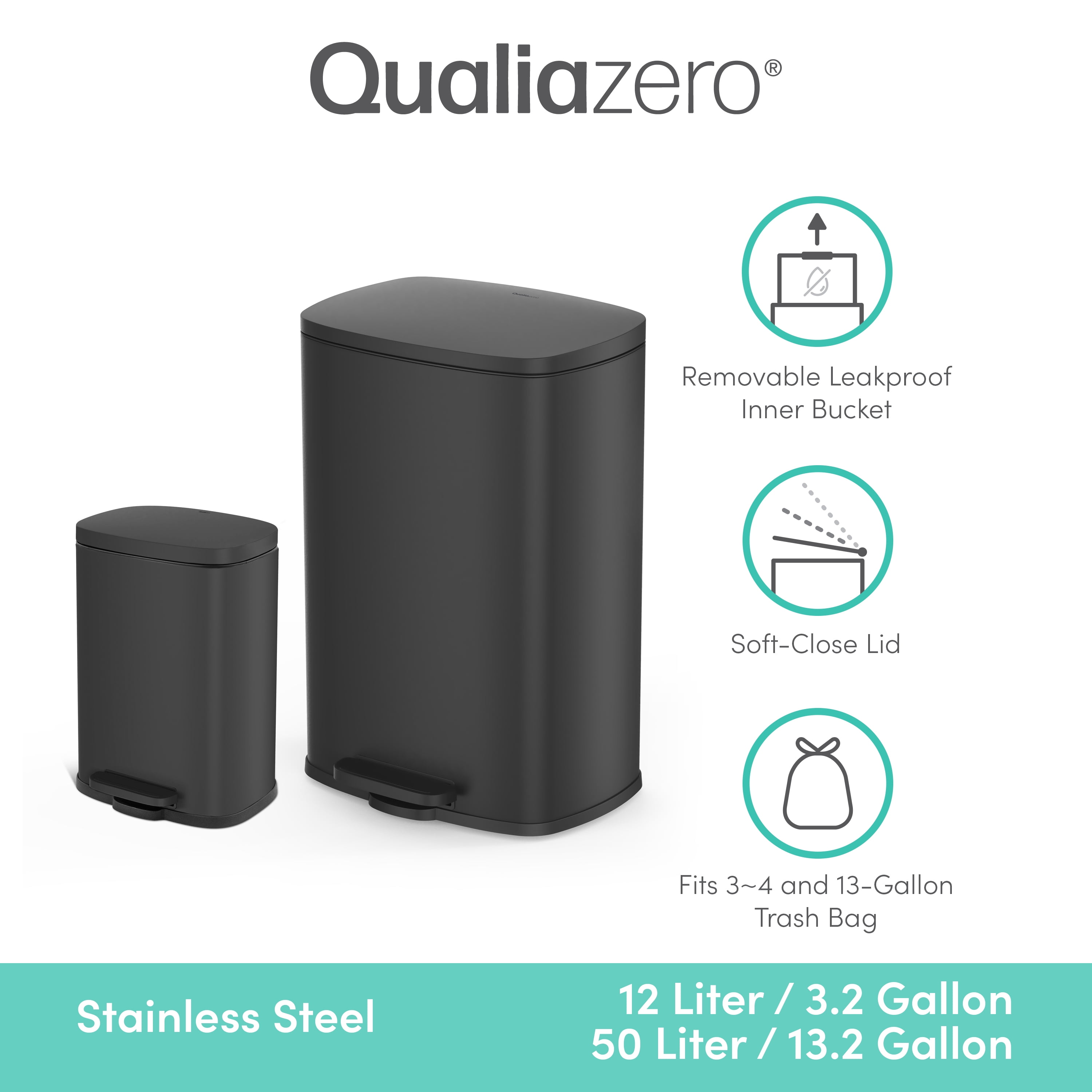 Qualiazero Kitchen Bathroom Trash Can Combo, 13.2 Gallon and 3.2 Gallon Stainless Steel Step Garbage Bin with Soft Close Lid, Matte Black