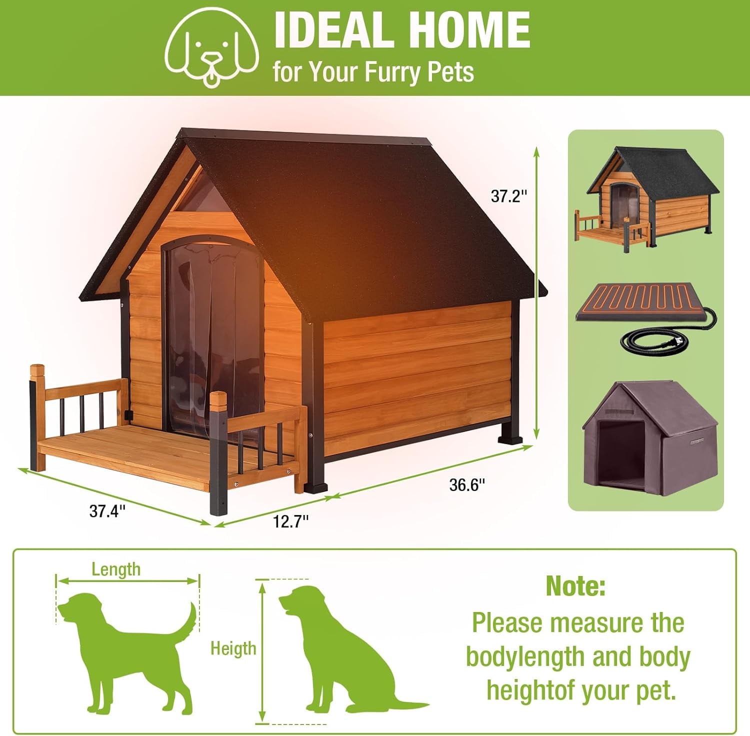 Aivituvin Outdoor Heated Dog House Anti-Bite Weatherproof Dog Kennel Puppy Shelter Indoor with Heating Pad, All-Around Insulated Liner and Porch for Large Breed, 45" D x 32.9" W x 32.6" H (Brown)